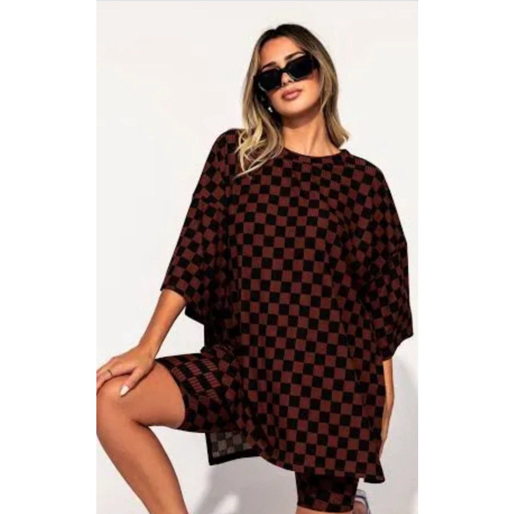 Dressed in Lala Malone Ribbed Oversized T-Shirt Checkered Pattern Brown/Black M